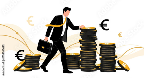 Businessman Stacking Euro Coins and Success with Financial, Profit and Saving Concepts