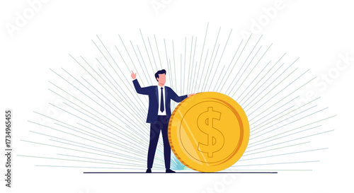 Businessman Standing Beside A Giant Coin Reflecting Financial Success And Prosperity