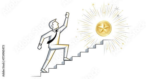 Businessman Achieving Success by Climbing Towards Golden Star Medal Over White Background