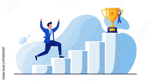Businessman Achieving Success, Climbing Steps Towards Trophy, Winning Concept Illustration