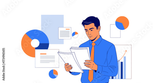 Businessman analyzing financial data and reports with graphs and charts for analysis