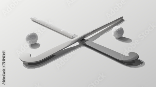 Two Field Hockey Sticks and Balls Crossed on a Clean White Background, Minimalist Sports Equipment for Competition and Play