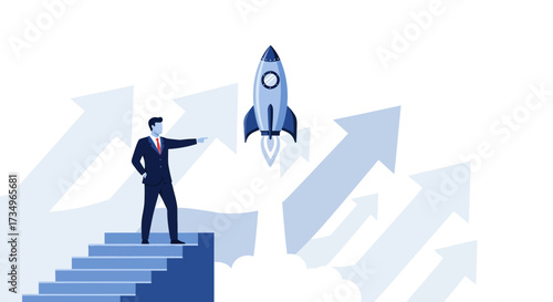 Businessman And Rocket Launching Showing Corporate Business Startup And Achievement