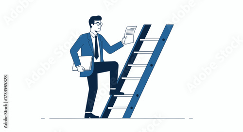 Businessman Ascending the Ladder of Achievement, Holding Documents and Progressing to Success