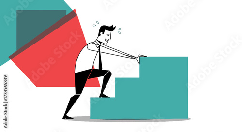 Businessman Ascending Steps, Overcoming Obstacles, Achieving Career Growth and Success