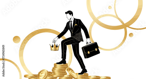 Businessman Ascending To Power And Holding Crown With A Symbol Of Achievement
