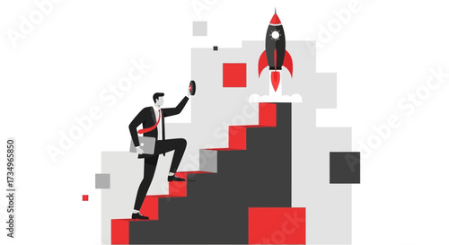 Businessman Ascending The Steps To Launch A Rocket, Success and Career Growth Concept, Achievement