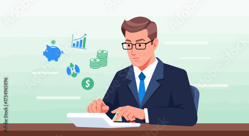 Businessman calculating finances, investment strategy, and financial planning illustration