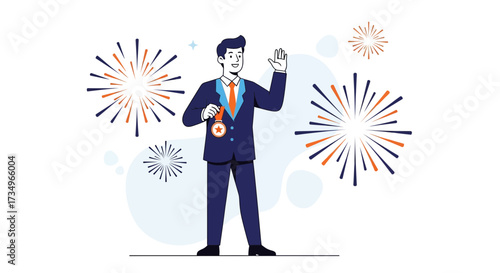 Businessman Celebrating Success and Achievement with Medal Surrounded Fireworks Illustration