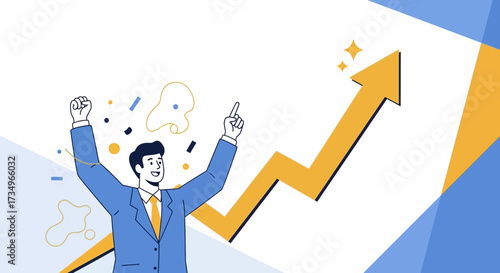 Businessman Celebrating Success In Front Of Rising Arrow Symbolizing Growth And Achievement