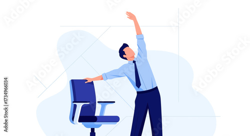 Businessman stretching in the office, work break or stress relief concept illustration