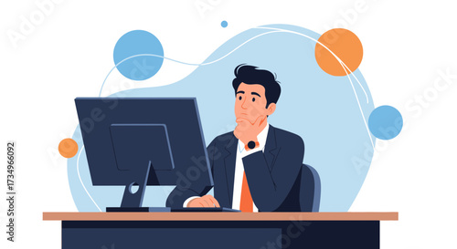 Businessman thinking in front of computer screen while working in office vector illustration