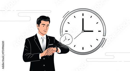 Businessman checking his watch, time management and business concept illustration