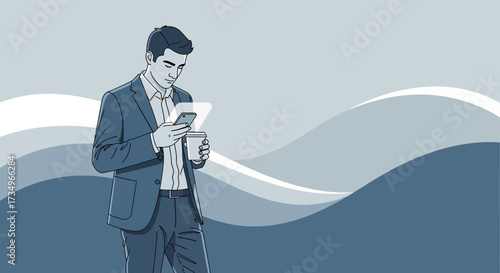 Businessman using smartphone with coffee cup in modern illustration with wave background