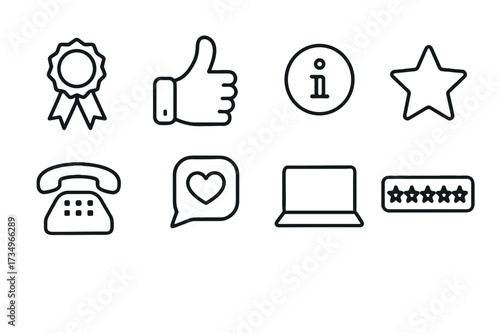 Outline vector icons of customer satisfaction: rating, phone, heart, star  