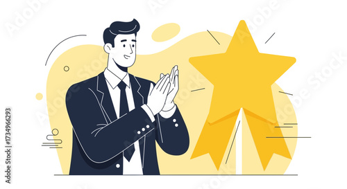 Businessman Clapping Hands With A Star, Achieving Victory, Accomplishment, And Success