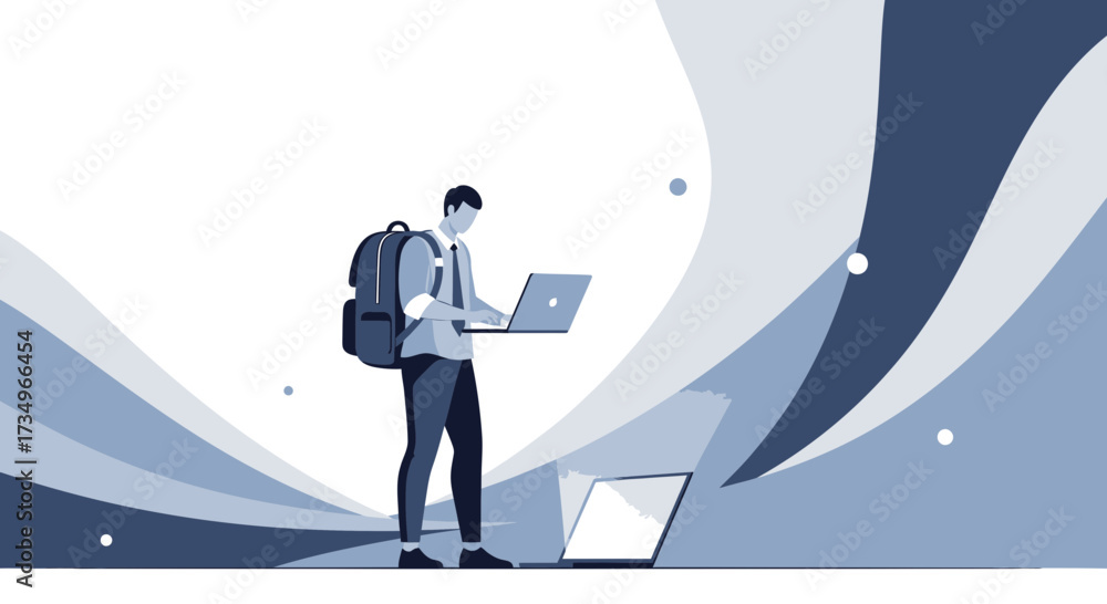Obraz premium Businessman with a backpack working on a laptop, abstract illustration design