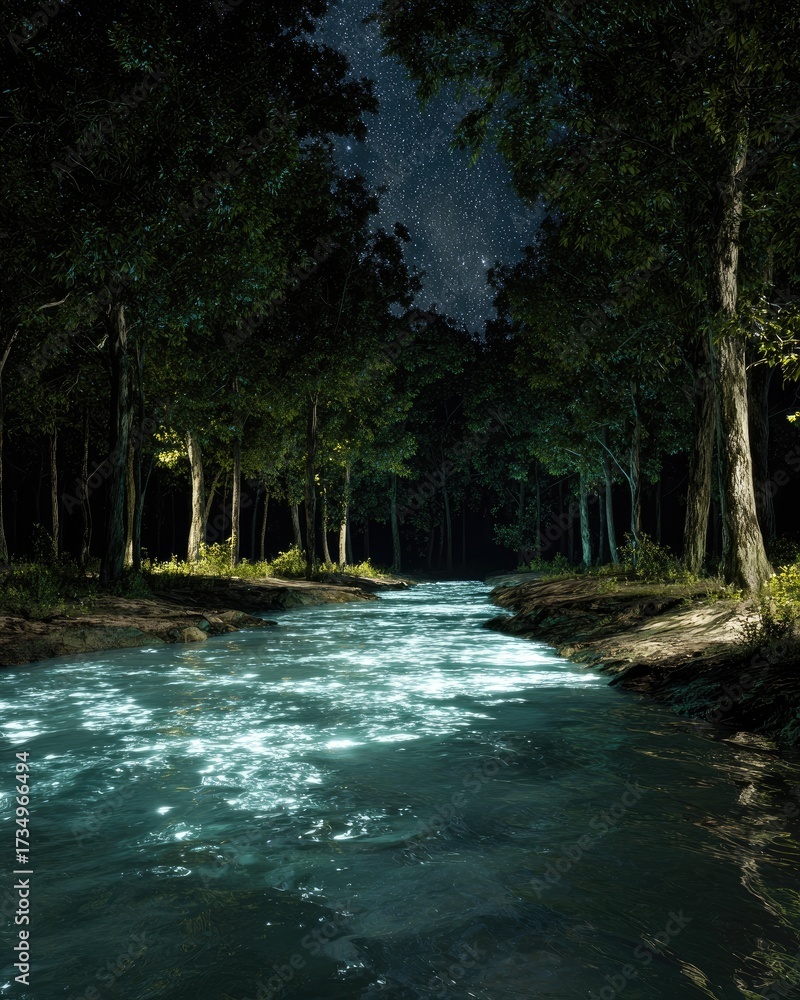 Fototapeta premium Night Forest Stream With Stars