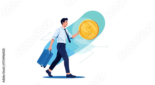 Businessman Walking With Luggage And A Gold Coin Illustrating Financial Opportunities And Success