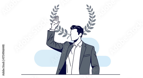 Businessman Waving Hand Under Laurel Wreath Winning Concept in Minimalistic Style