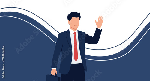 Businessman waving with a briefcase on a modern abstract background greeting concept