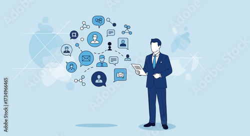 Businessman with a document surrounded by social media and communication symbols