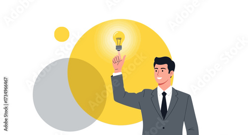 Businessman with a good idea, creating innovation and thinking about the future, vector illustration