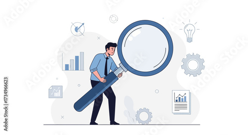 Businessman with magnifying glass finding ideas and financial data illustration in vector art