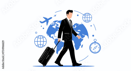Businessman with luggage traveling around the world in a business travel concept
