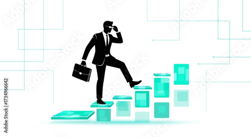 Businessman Climbing Towards Success with Visionary Perspective and a Briefcase in Hand