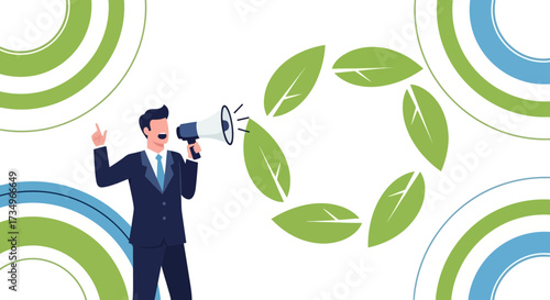 Businessman with megaphone for environmental awareness and sustainable future concepts