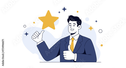 Businessman with thumbs up and star, positive feedback and success concept illustration