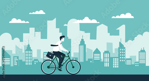 Businessman commuting to work riding a bicycle in a city environment for sustainable transport.