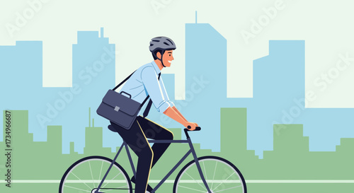 Businessman Commuting to Work on Bicycle in City Vector Illustration