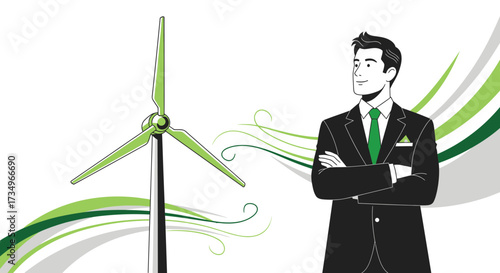 Businessman with Wind Turbine: Symbol of Sustainbility and Renewable Energy with Green Energy