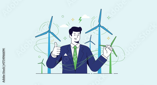 Businessman with wind turbines generating clean energy and a thumb up gesture