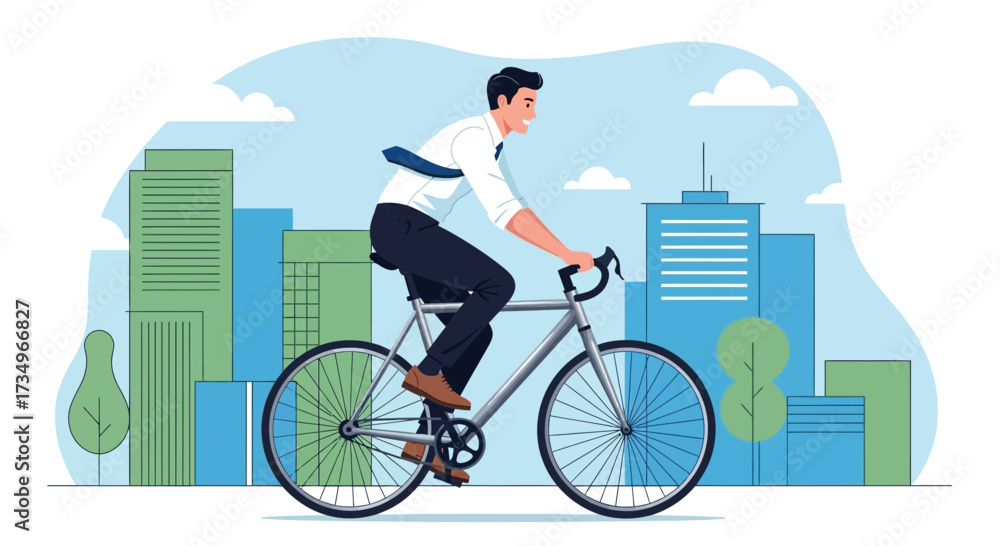 Fototapeta premium Businessman Cycling to Work in the City, an Illustration of Urban Commuting