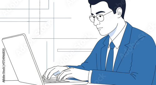 Businessman working on laptop wearing glasses in a blue suit representing work environment