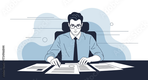 Businessman working on paperwork at his desk, business concept document and office