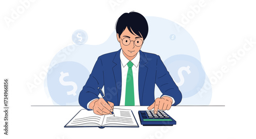 Businessman working with calculator and paperwork, financial illustration and accounting