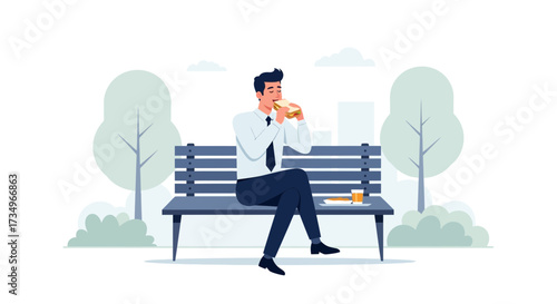 Businessman Eating Sandwich Outdoors During His Lunch Break While Resting on Bench