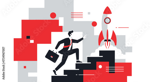 Businessman's Ascent Towards New Horizons With a Rocket for Rapid Success and Growth