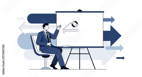 Businessman Giving Presentation Using Board Showing Data and Arrow Indicators Clearly Explain
