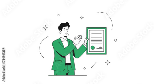 Businessman Holding Certificate Awarded, Business Success, Achievement, Green Colors Illustration