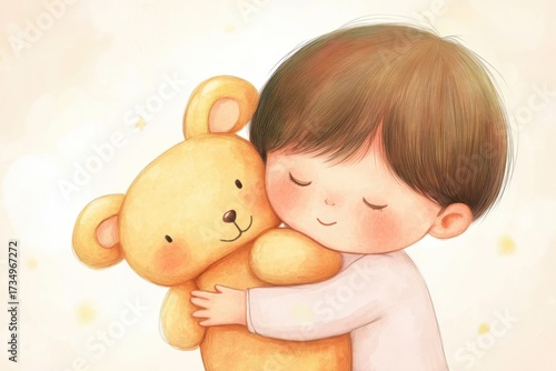 Child Embracing a Cute Yellow Teddy Bear Illustration