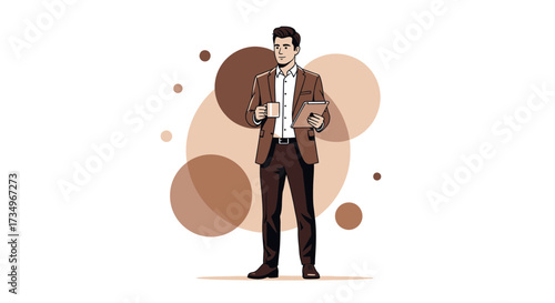 Businessman holding coffee and tablet, minimalist design against a white backdrop