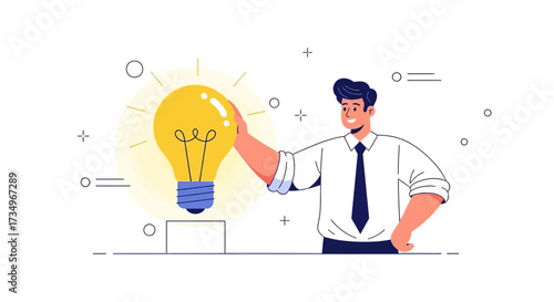 Businessman holding glowing light bulb represents creativity, innovation, and new ideas