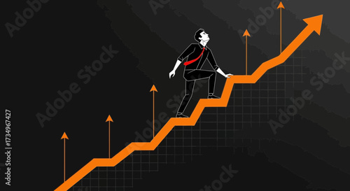 Businessperson Climbing Orange Arrow Symbolizing Progress, Success, And Growth