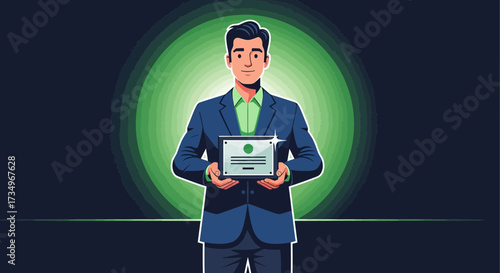 Businessman in Suit Holding a Glowing Certificate Indicating Excellence and Recognition