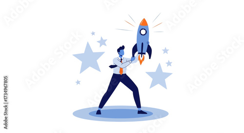 Businessman Launching Rocket Illustrating Startup Success And Innovative Business Ideas